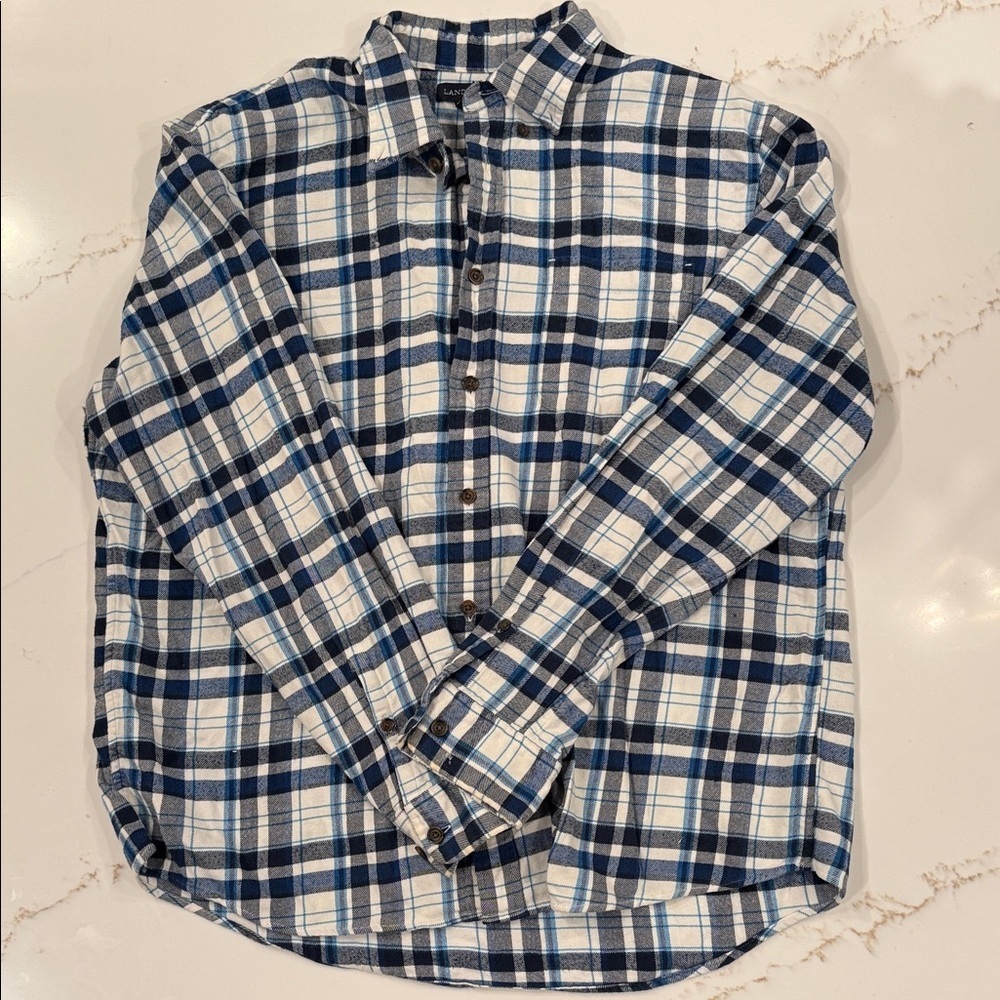 Land’s End Classic Navy and White Plaid Flannel Men's Button-Down Shirt XL